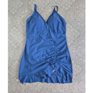 Zaful Blue One Piece Swim Dress Ruched Ruffle Wrap Swimsuit Womens Large NWT